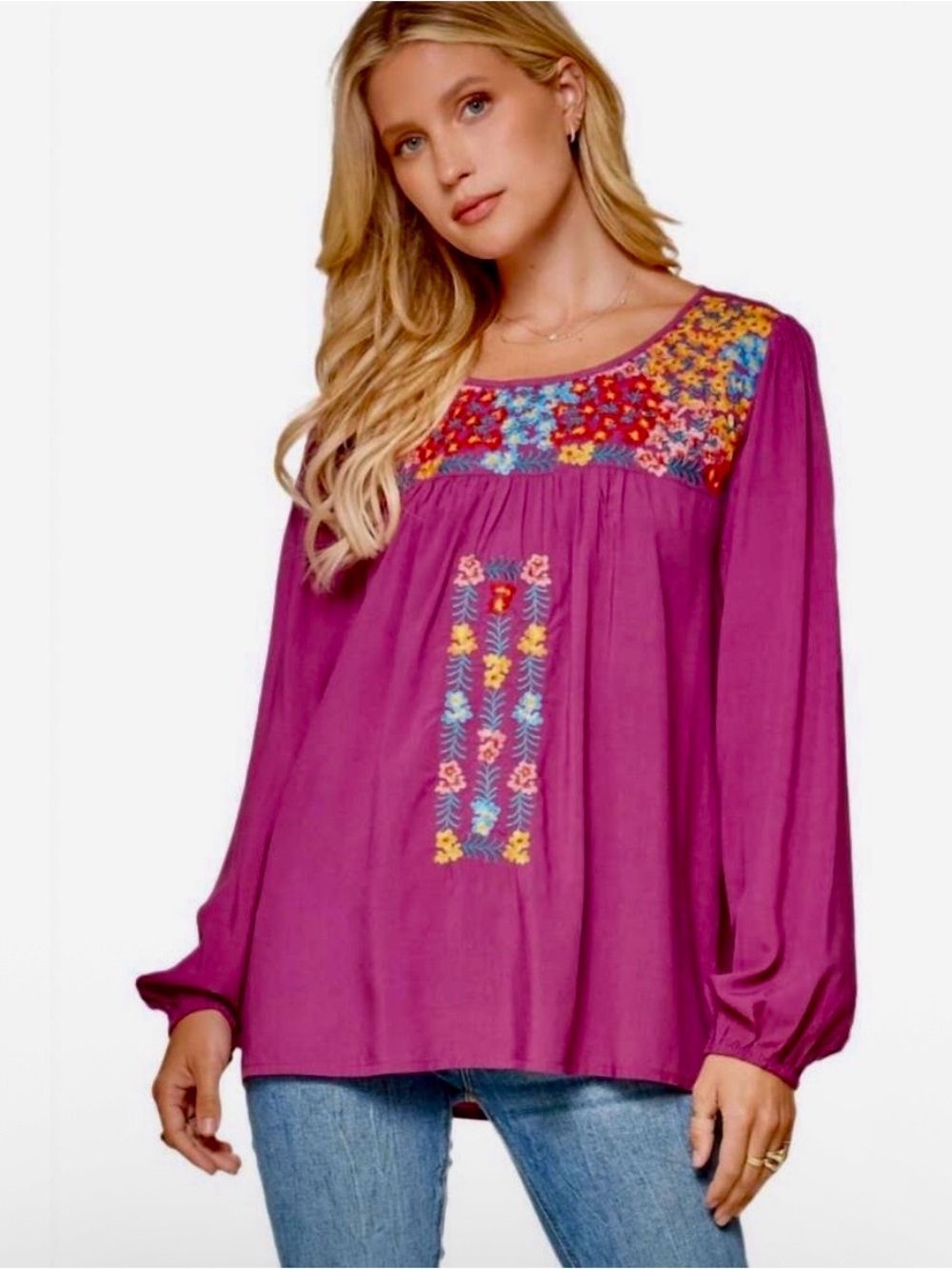 Sz 3XL Savanna Jane Plum Embroidered Floral Peasant Blouse